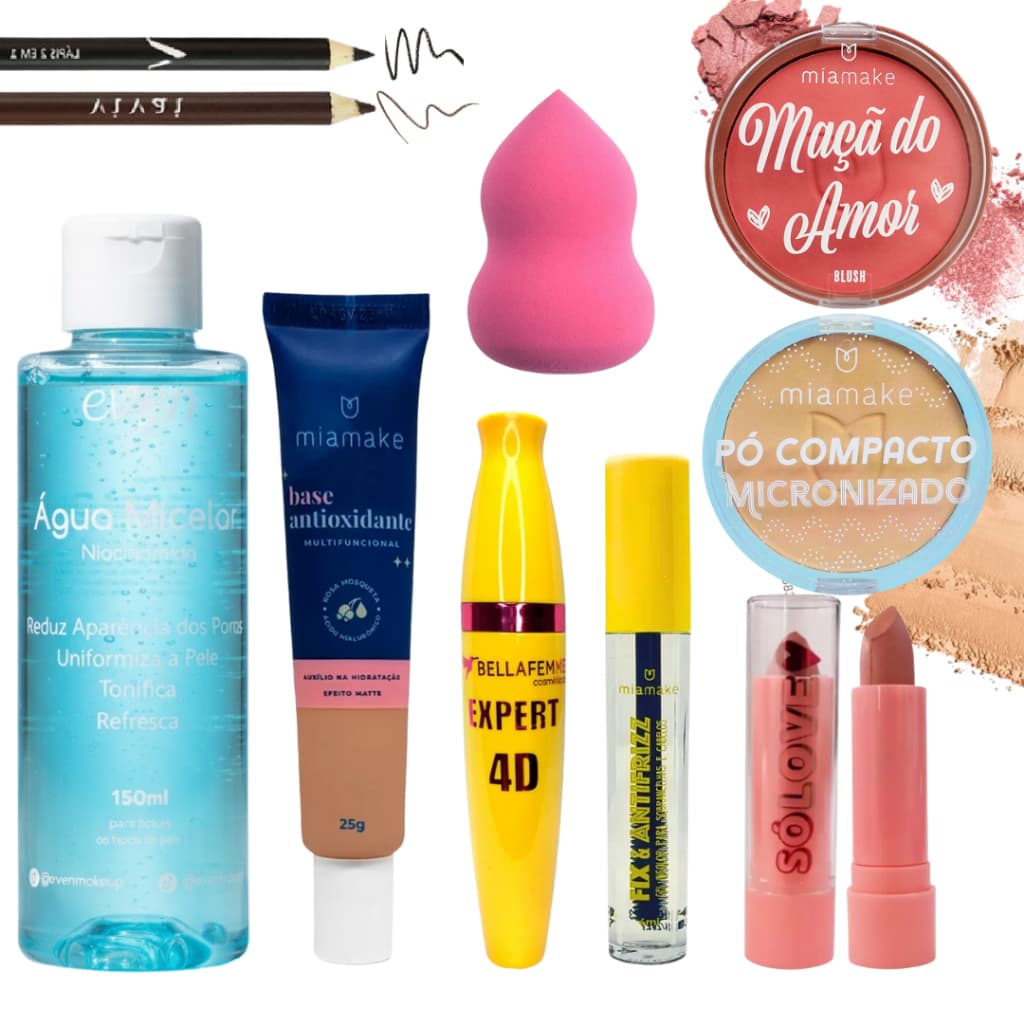 Kit De Maquiagem Batom Base Liquida Demaquilante Blush Rimel