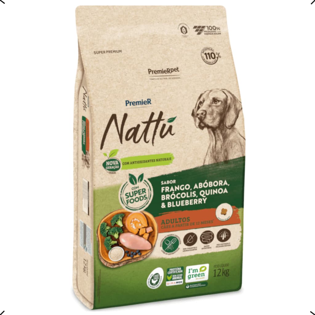 RAÇÃO PREMIER NATTU ADULTO RAÇA MEDIA E GRANDE ABOBORA 12KG