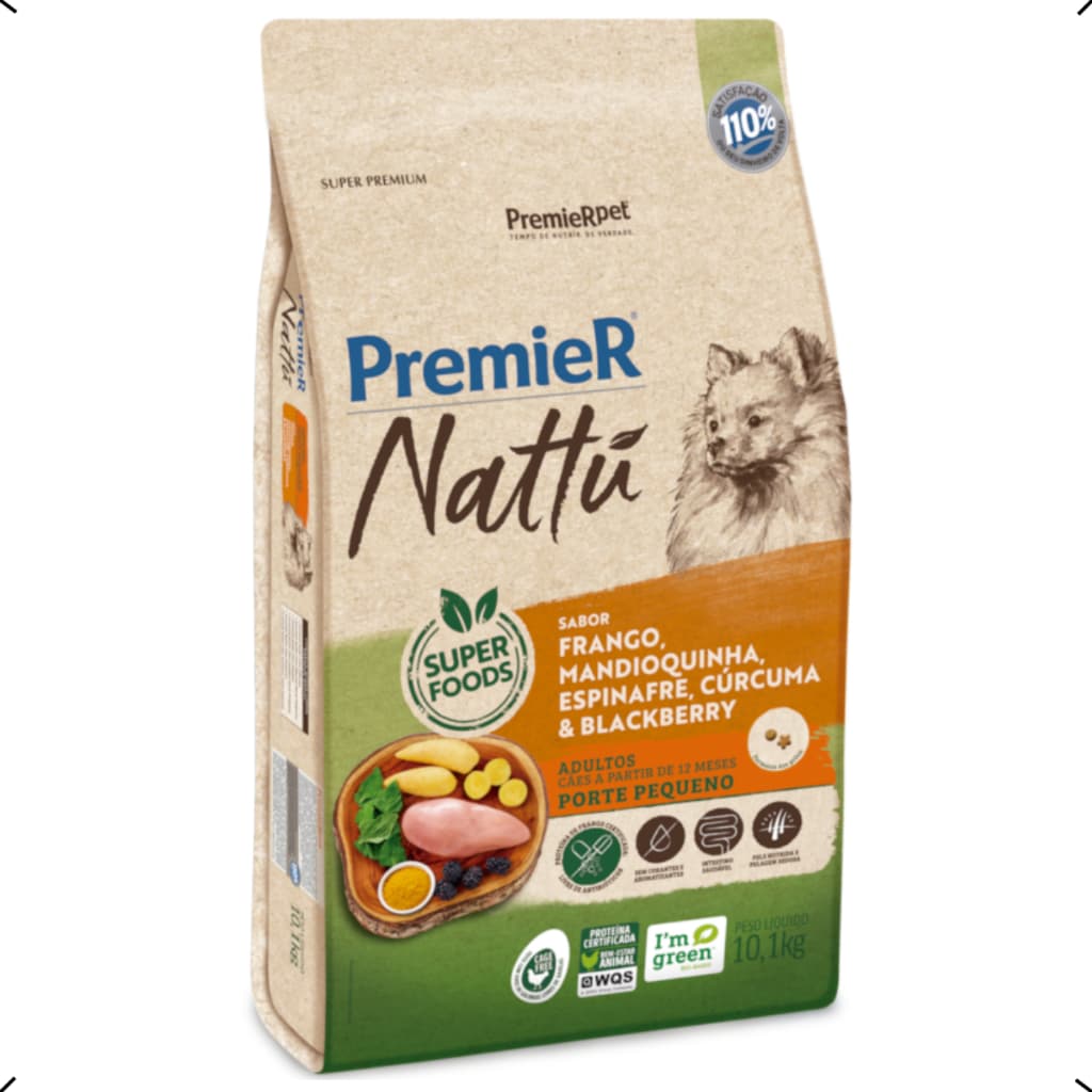 RAÇÃO PREMIER NATTU ADULTO RAÇA PEQUENA MANDIOQUINHA 10KG