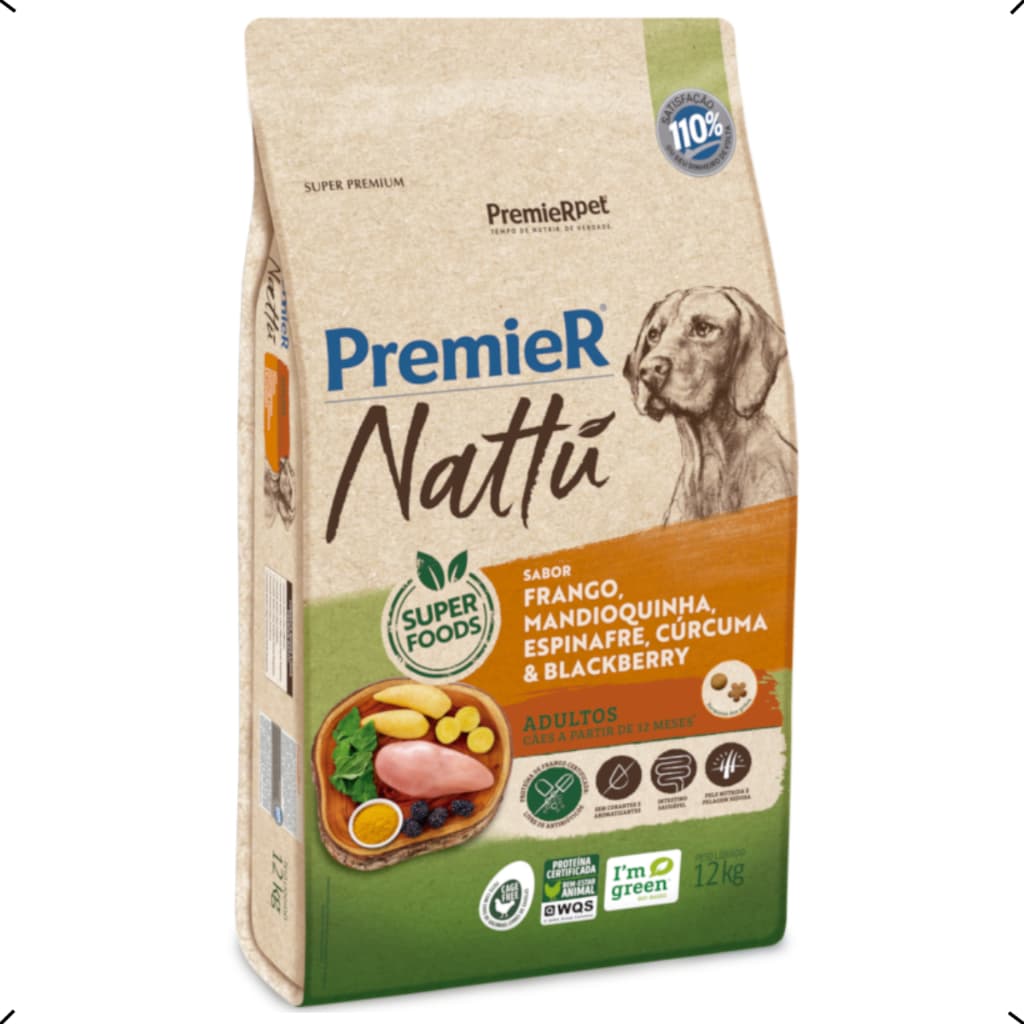 RAÇÃO PREMIER NATTU ADULTO RAÇA MEDIA E GRANDE MANDIOQUINHA 12KG