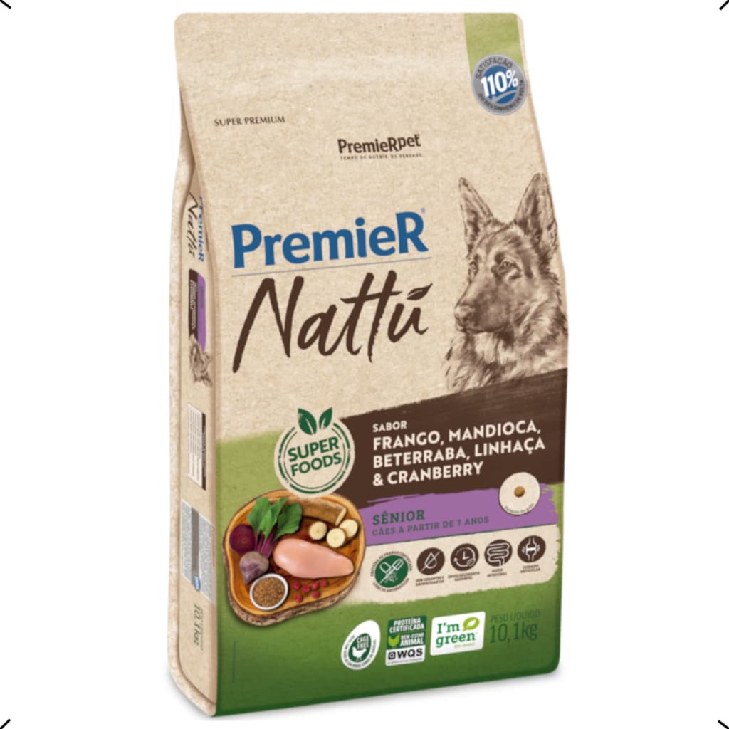 RAÇÃO PREMIER NATTU SENIOR RAÇA MEDIA E GRANDE MANDIOCA 10KG