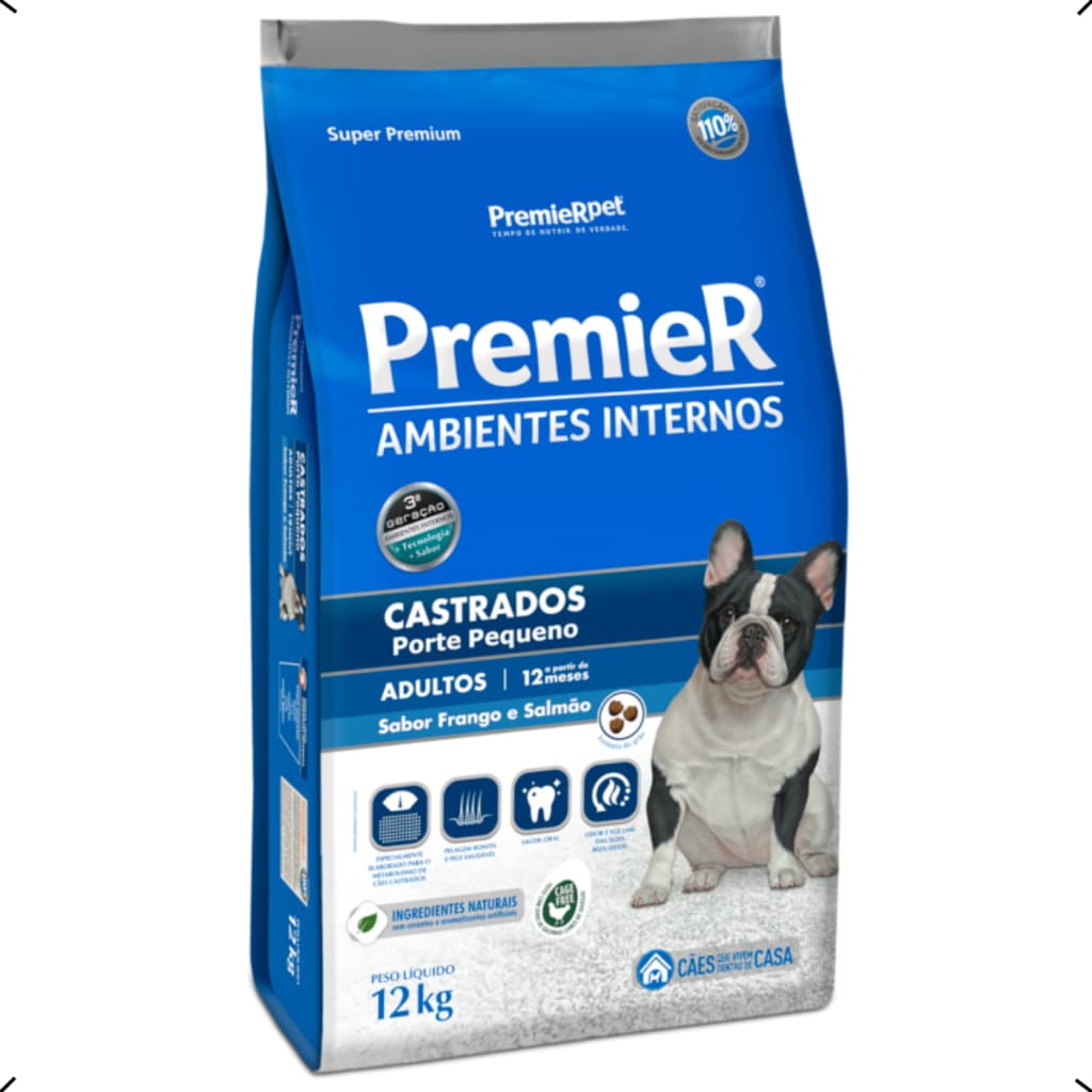 RAÇÃO PREMIER AMBIENTES INTERNOS CASTRADO RAÇA PEQUENA 12KG