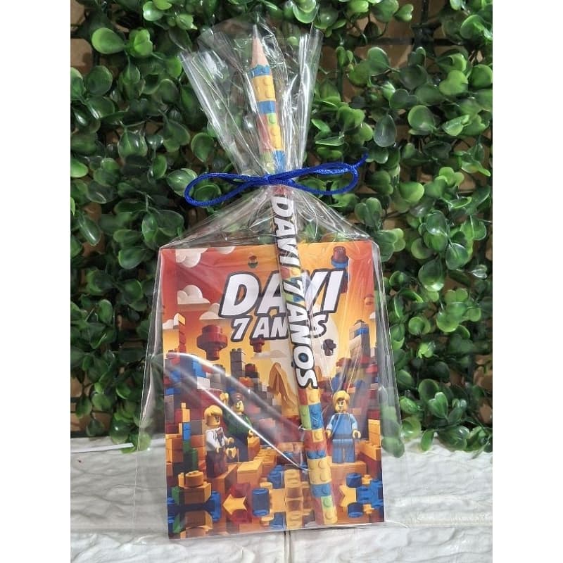 Kit Bloquinho + Lápis Personalizado, Lego, Blocos de Montar, Lembrancinha Festa de Aniversário
