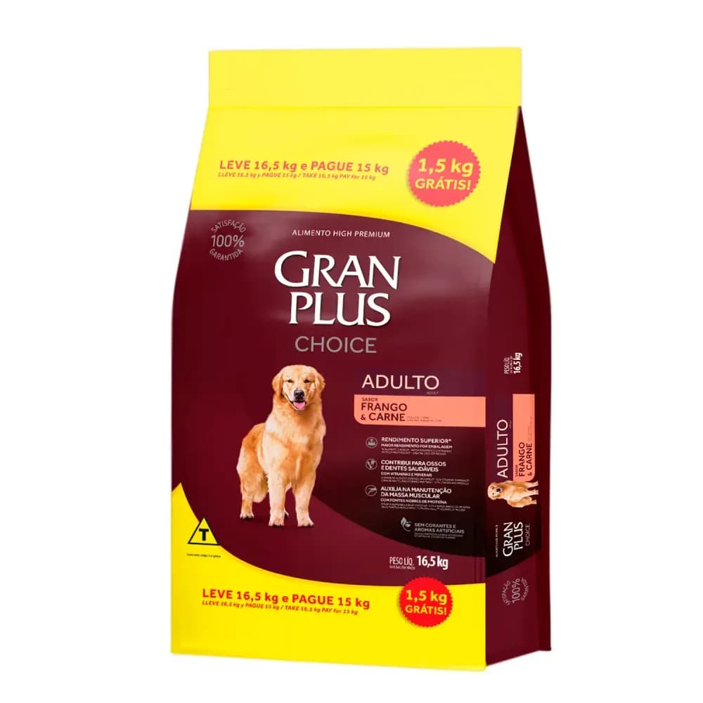 Ração Granplus Choice Frango E Carne Cães Adultos 16,5kg - 15kg +1,5kg de brinde