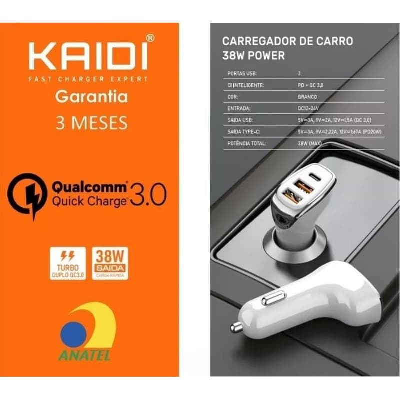 Carregador Veicular 3 Entradas 1 Tipo C PD e 2 USB QC 38W Turbo Kaidi KD-304 ANATEL