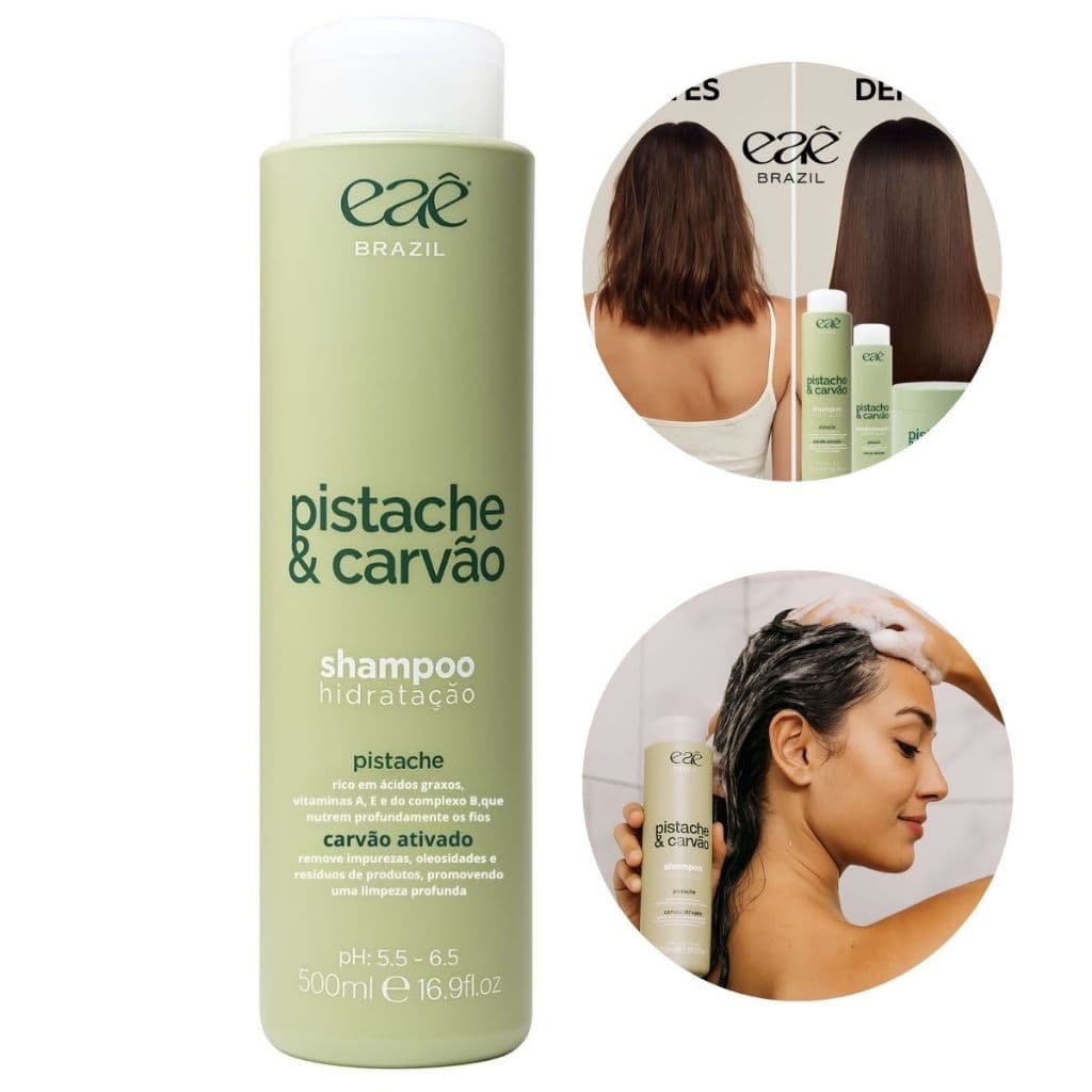 Eaê Brazil ! Shampoo Hidratante Pistache e Carvão Limpa e Tira a Oleosidade dos Fios - 500ml