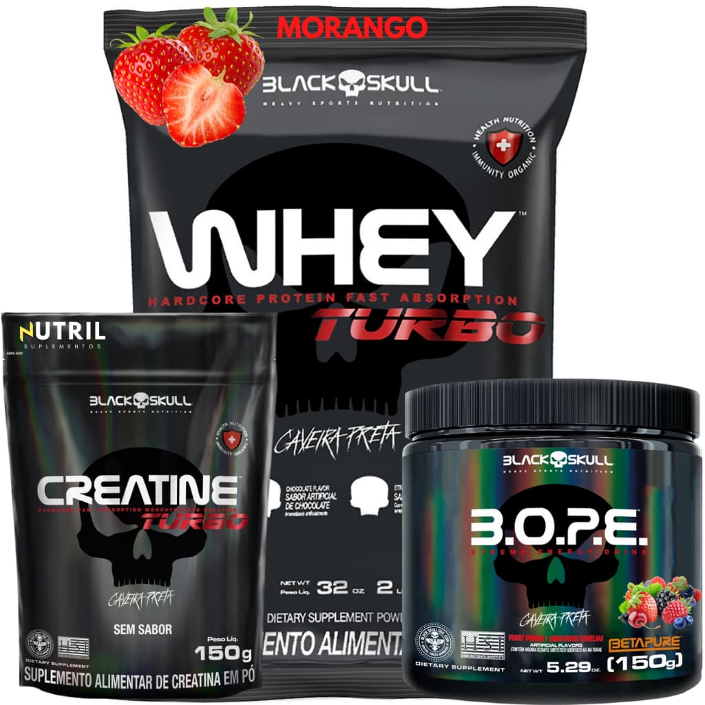 Whey Protein Turbo 907g + Creatina Monohidratada 150g + Pré-Treino B.O.P.E 150g Bope Kit Black Skull