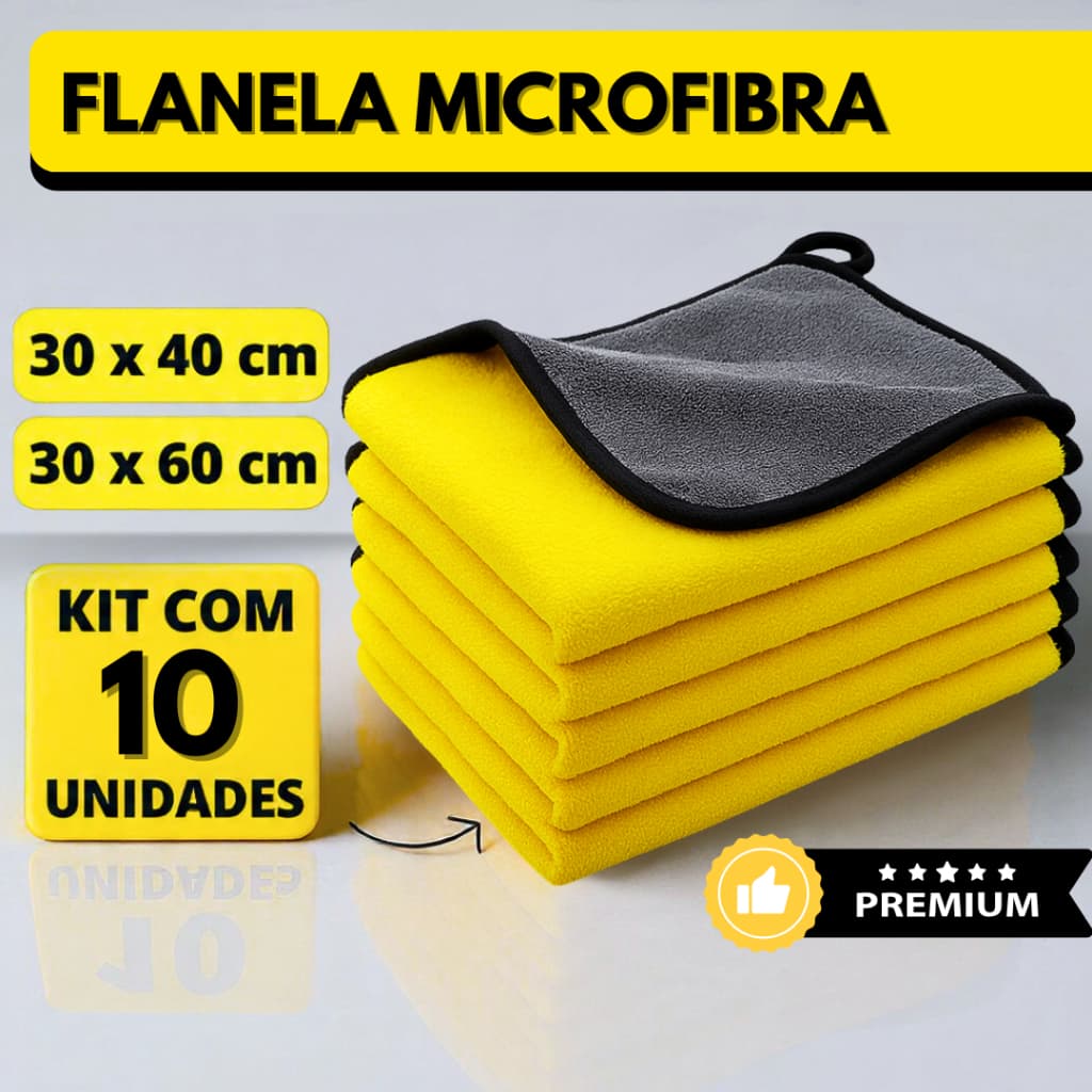 Kit 10 Flanela Microfibra Automotiva 30x40 30x60 600GSM Premium Para Lavagem de Carro
