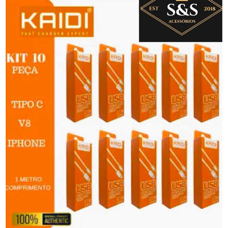 Kit 10 Cabos Turbo Rápido flexível Kaidi Brasil, LIGHTINING IPhone / Tipo C USB- C / V8 Micro USB