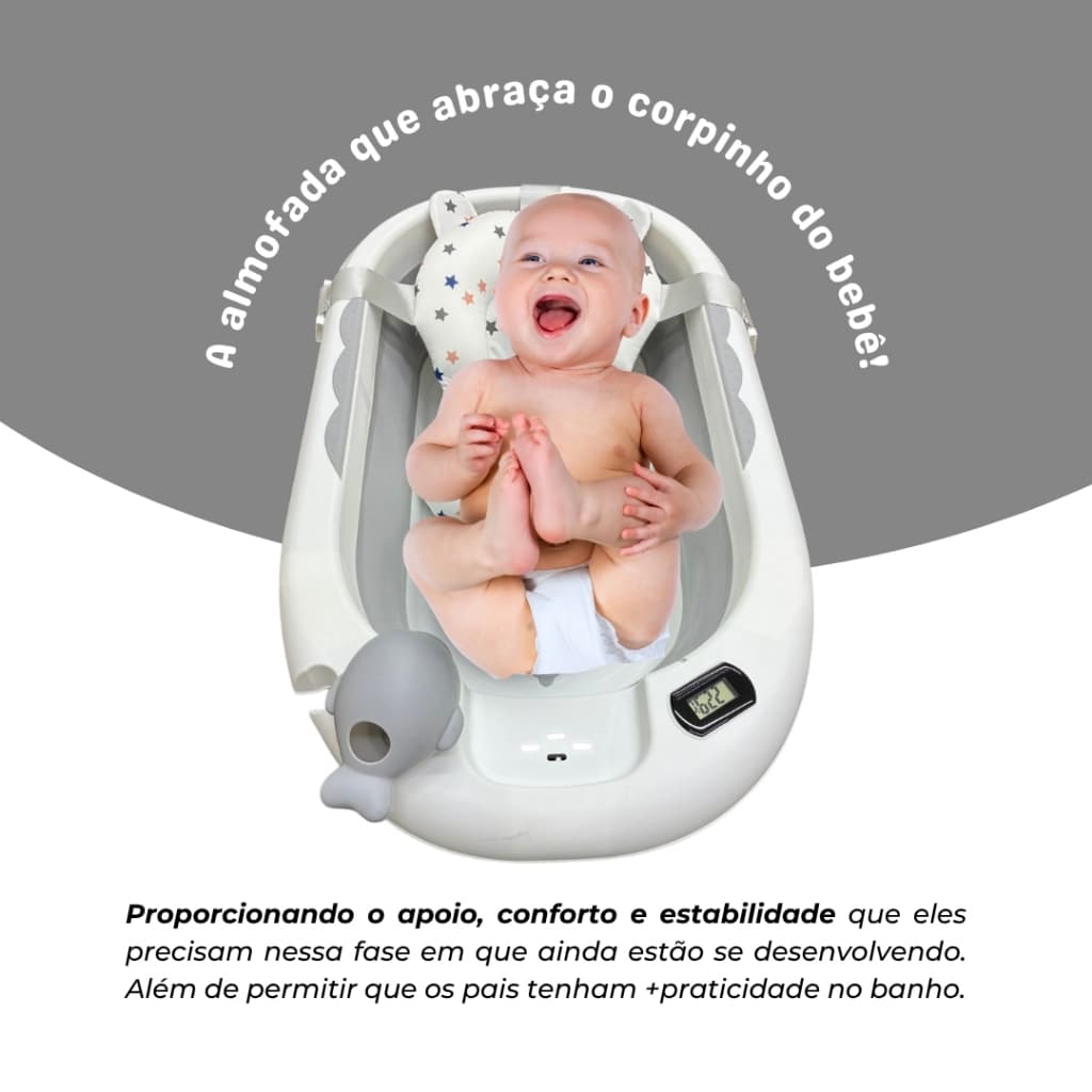 Banheira Retrátil Dobrável Cinza para Bebê com Almofada Flutuante e Termômetro Integrado