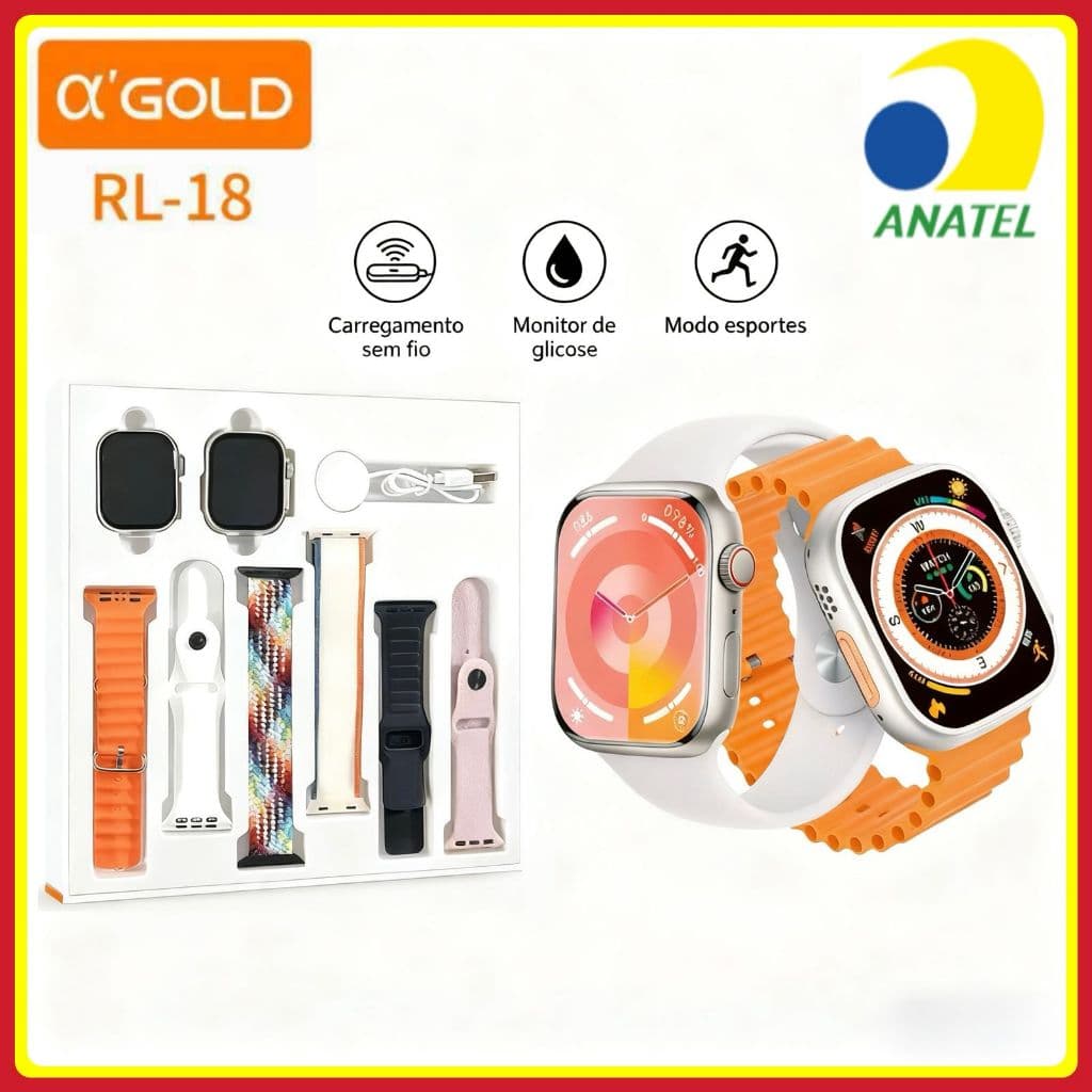 Kit SmartWatch com 2 Relógio Inteligente e 6 Pulseiras Monitoramento de Saúde Chamada Bluetooth original A’Gold