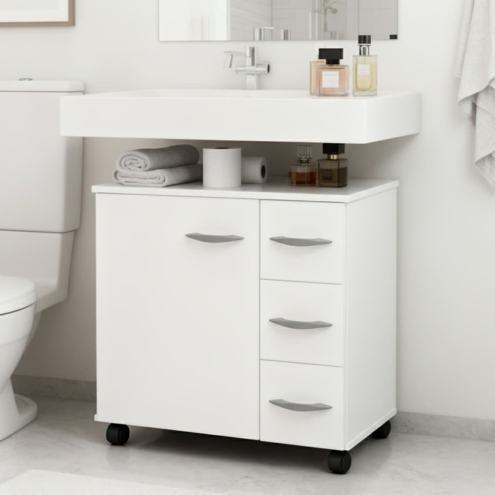 Organizador Gabinete Sob Pia 3 Gavetas Rodízios Banheiro Lavabo 60cm Portátil Branco MDF Balcão