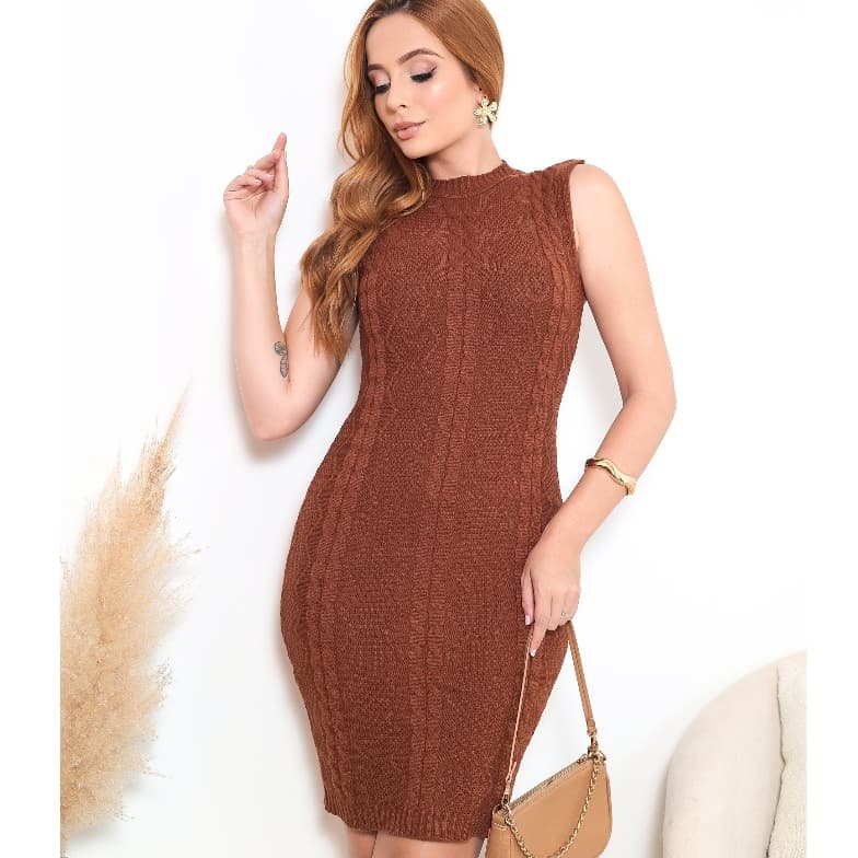 Vestido Feminino Midi Elegante Tricot Modal Texturizado Vestido de Tricô Versátil Vestido de Regata