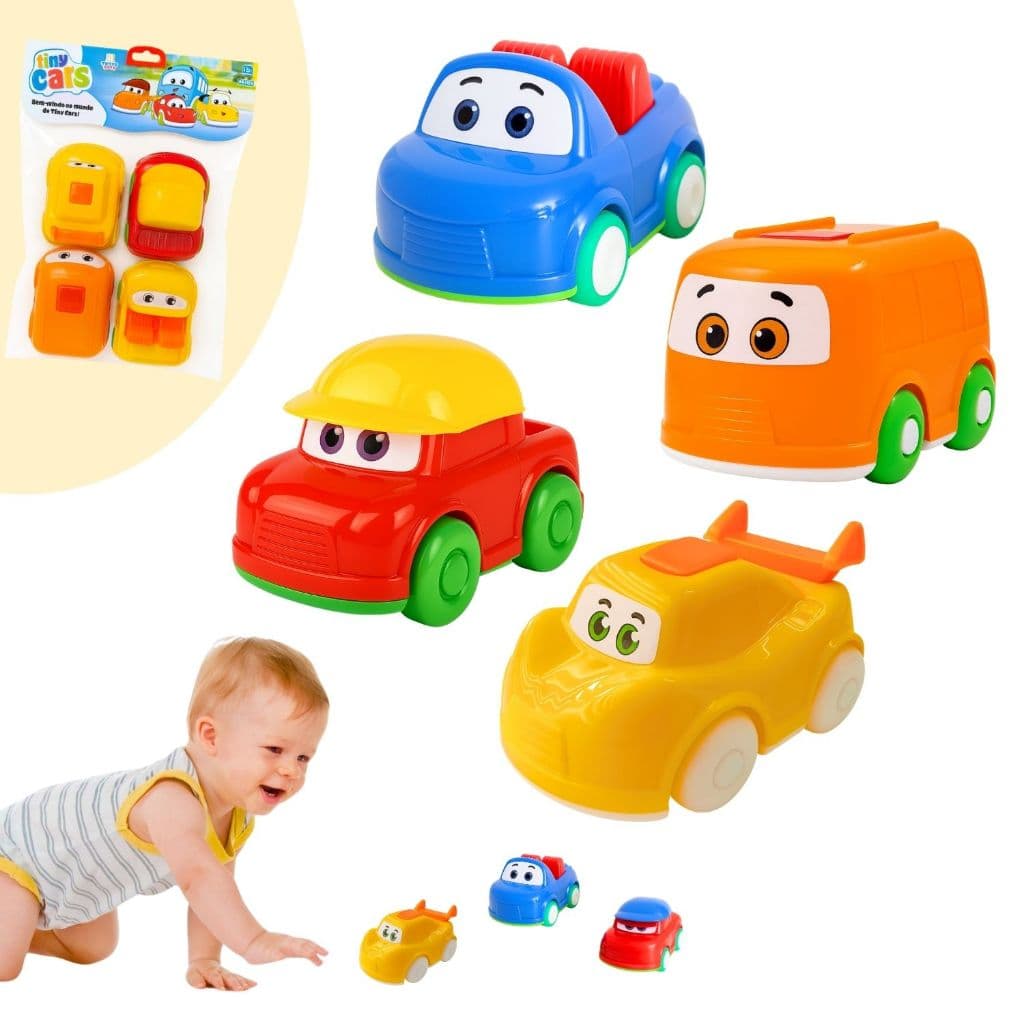 Kit 4/8 Carrinhos Educativos Didático Sensorial Infantil Colorido Carro Kombi Com Rodas Menino Bebê