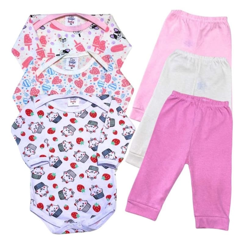 Kit Conjunto Enxoval Bebê 6 Peças  Body estampado manga longa e  Mijão  100% algodão.
