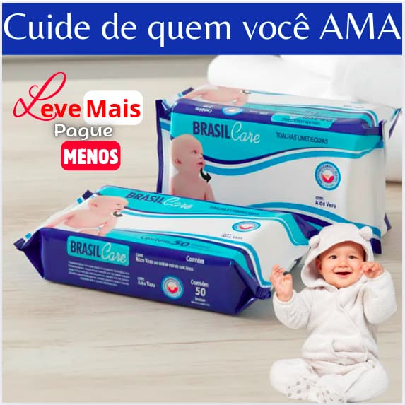 Pack Toalhas Umedecidas Brasil Care com Aloe Vera | 4 Pacotes com 50 Lenços Cada | Total 200 Unidades | Leve Mais Pague