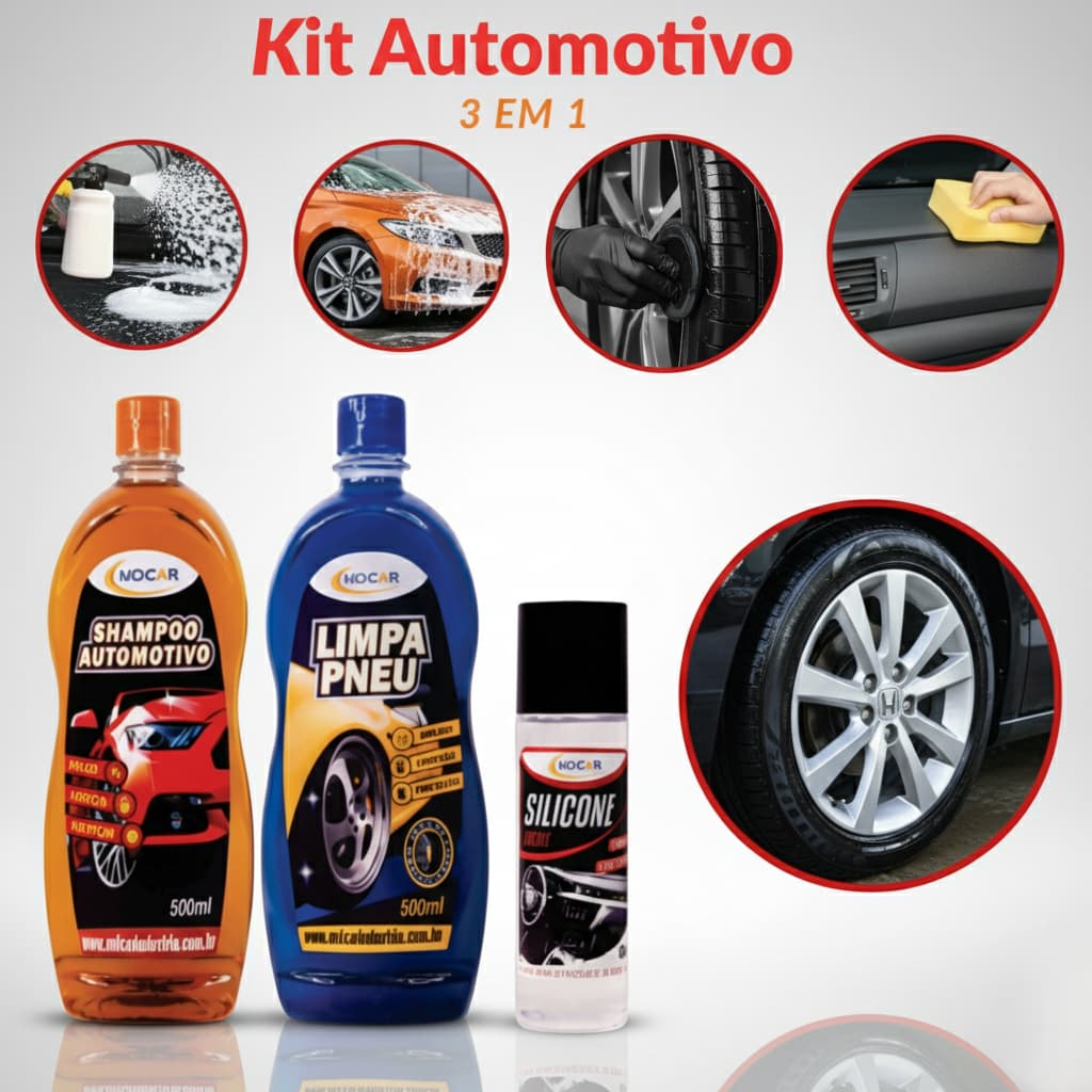 Kit Para Lavar Carro - Shampoo Automotivo - Pretinho pneu e Revitalizador Md Car Imediato 3 em 1 TOP