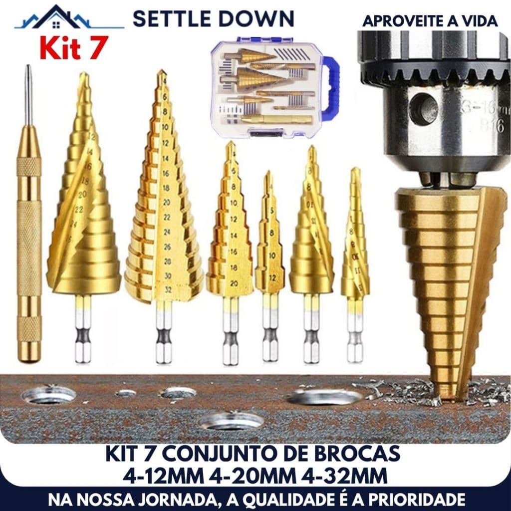 Kit 7 Brocas Escalonadas Titânio Para Aço Com Broca Corte Lateral Punção e Estojo