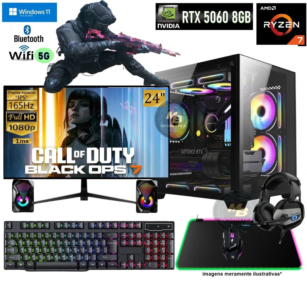 CPU Gamer completo Ryzen 7 5700X Ultra + RTX 5060 + 64GB RAM + SSD Nvme 2TB  Monitor 24" IPS 165Hz