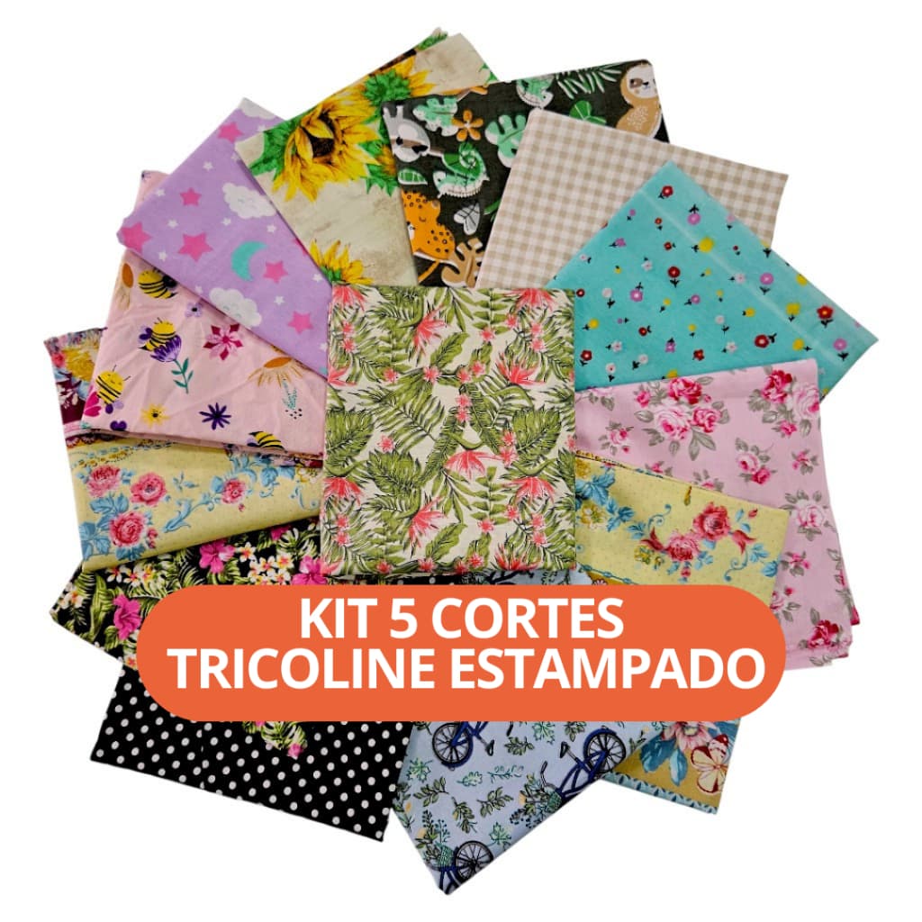 KIT 5 CORTES TRICOLINE ESTAMPADO - 0,50x1,40 ARTESANATO,PATCHWORK E COSTURA CRIATIVA