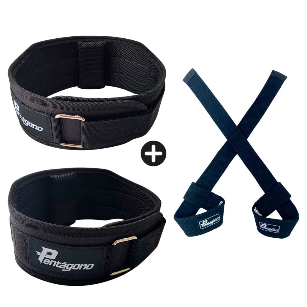 Kit Cinturão Musculação Treino NEW TIGER Tamanho Único Ajustável (Serve Abdome de 64 a 105 cm) + Par de Straps Preto