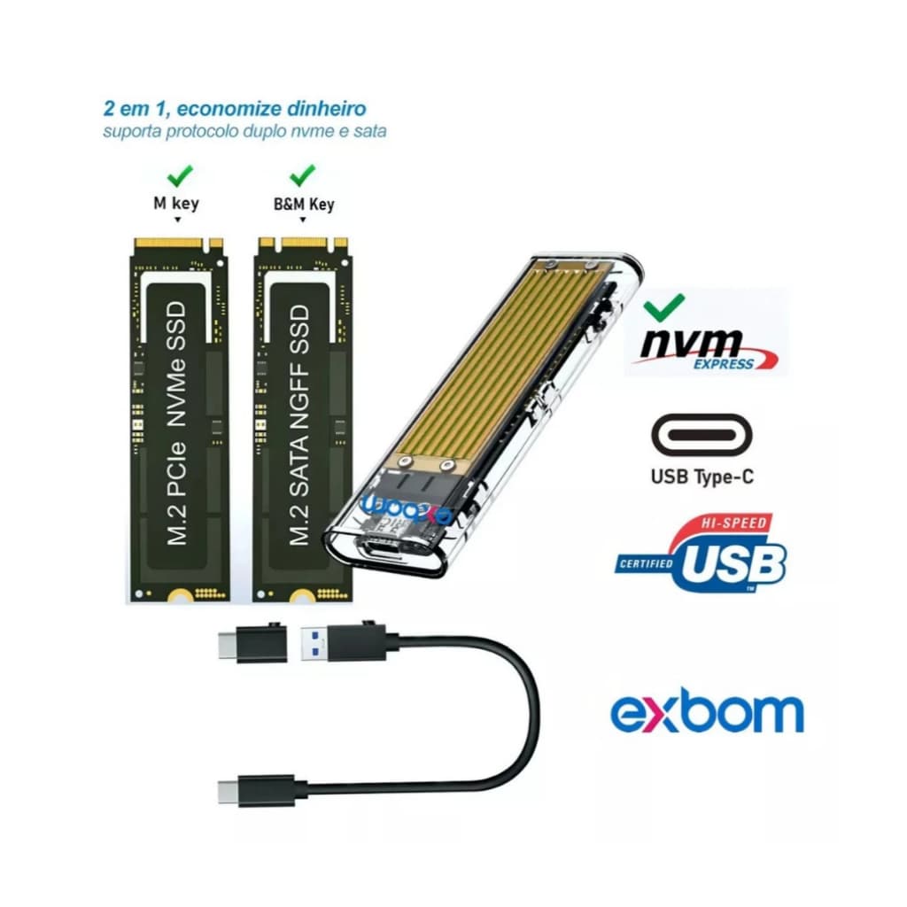 Case Externo para SSD NVMe M.2 Transparente Suporte 10Gbps USB C
