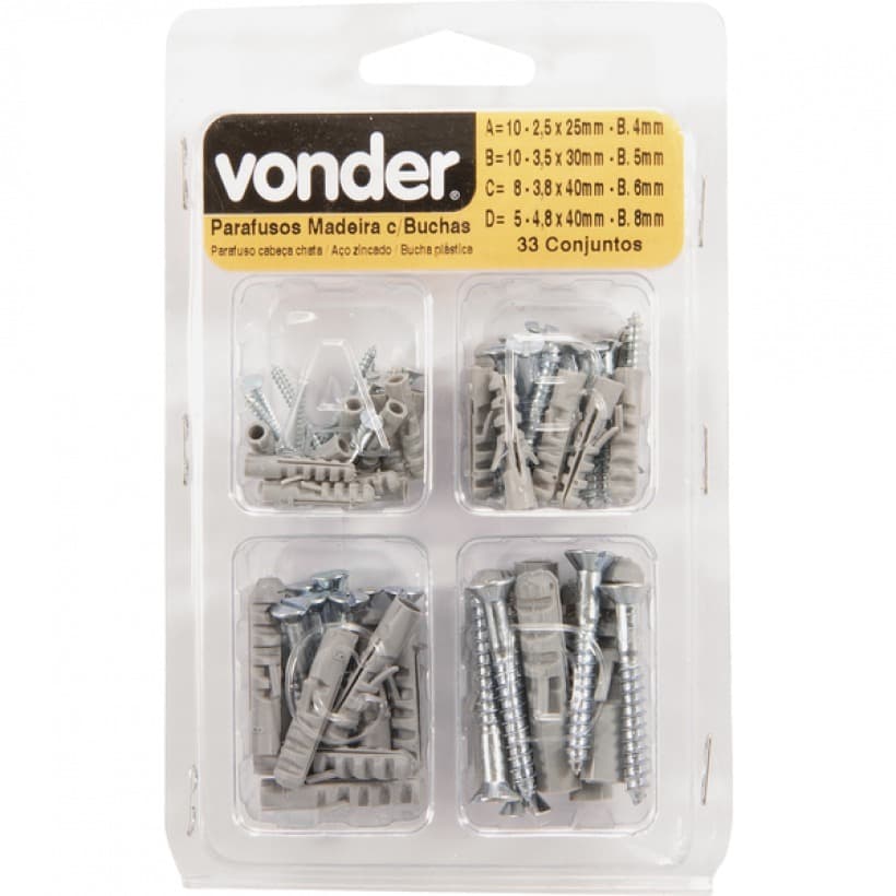 Kit de Parafusos e Buchas para Madeira VONDER – Conjunto Completo com Parafusos e Buchas Plásticas