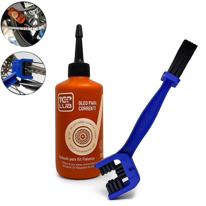 ESCOVA DUPLA LIMPEZA PARA CORRENTE TRANSMISSÃO + OLEO LUBRIFICANTE GRAFITADO MOTO BIKE UNIVERSAL