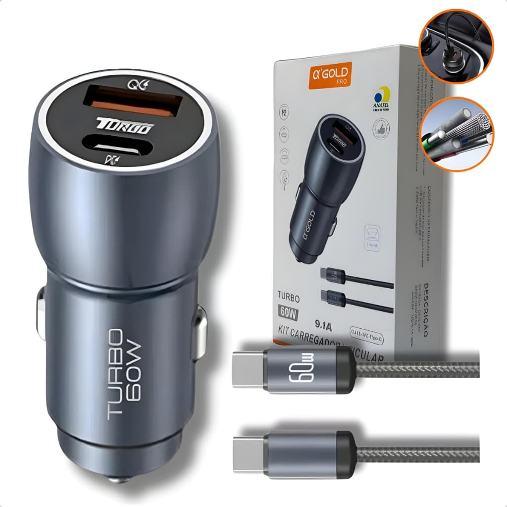 Carregador Veicular Turbo 60w Cabo Tipo-C USB-C Compatível com Samsung iPhone Motorola Carga Rápida