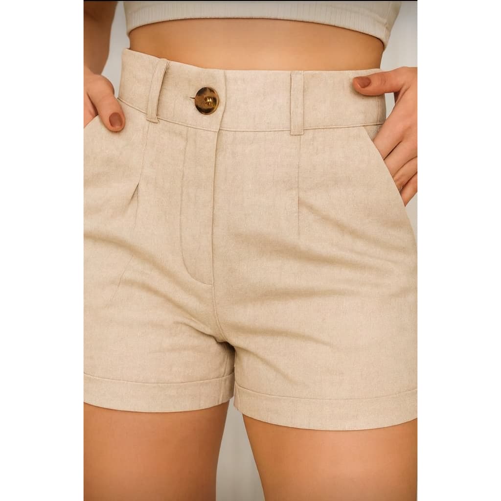 Short Linho Feminino Bolso Faca Ziper e Botão Elegante