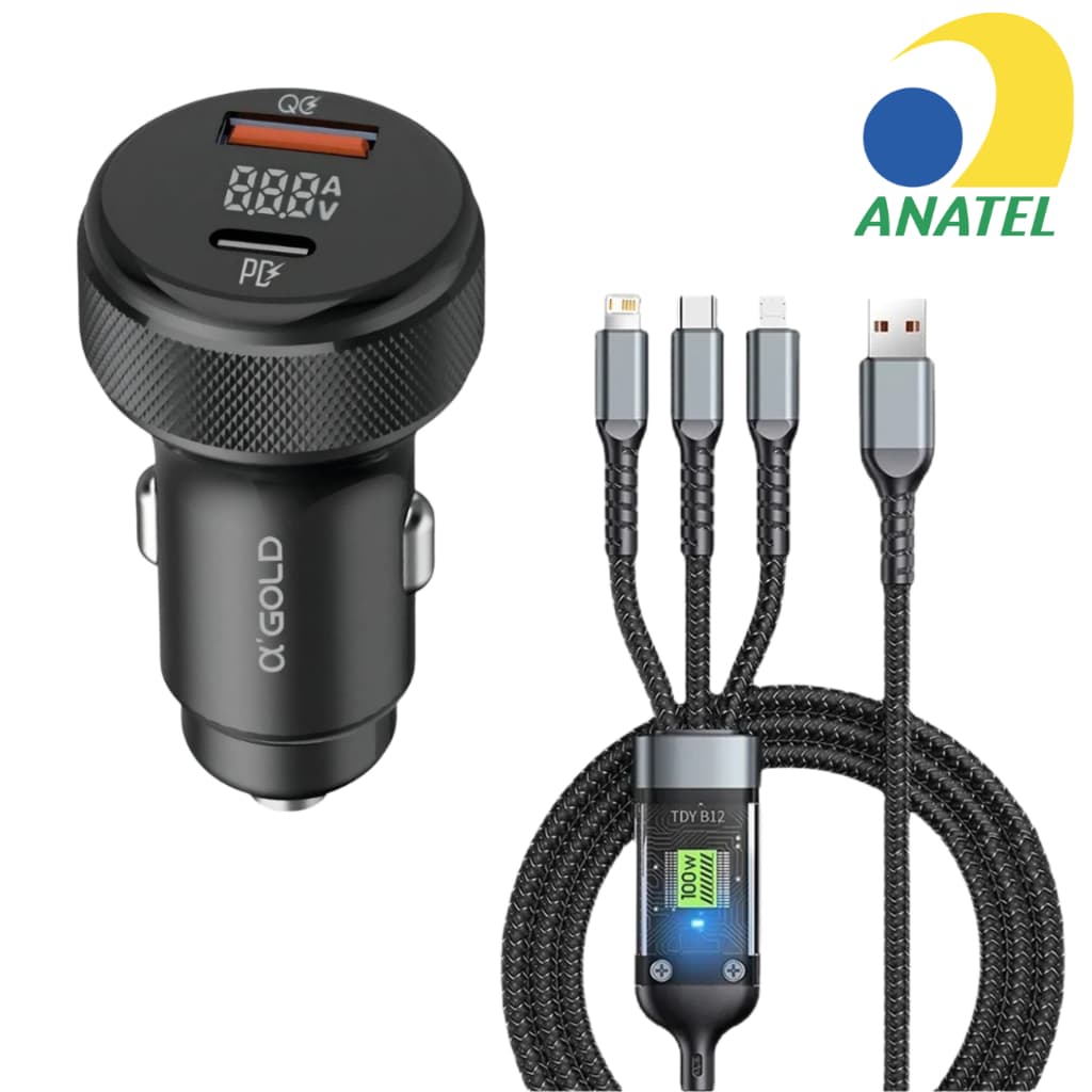 Kit Carregador Veicular Turbo 9.1A 60 W Com Exibição De Led + Cabo de Dados Celular 3 em 1 100W IOS