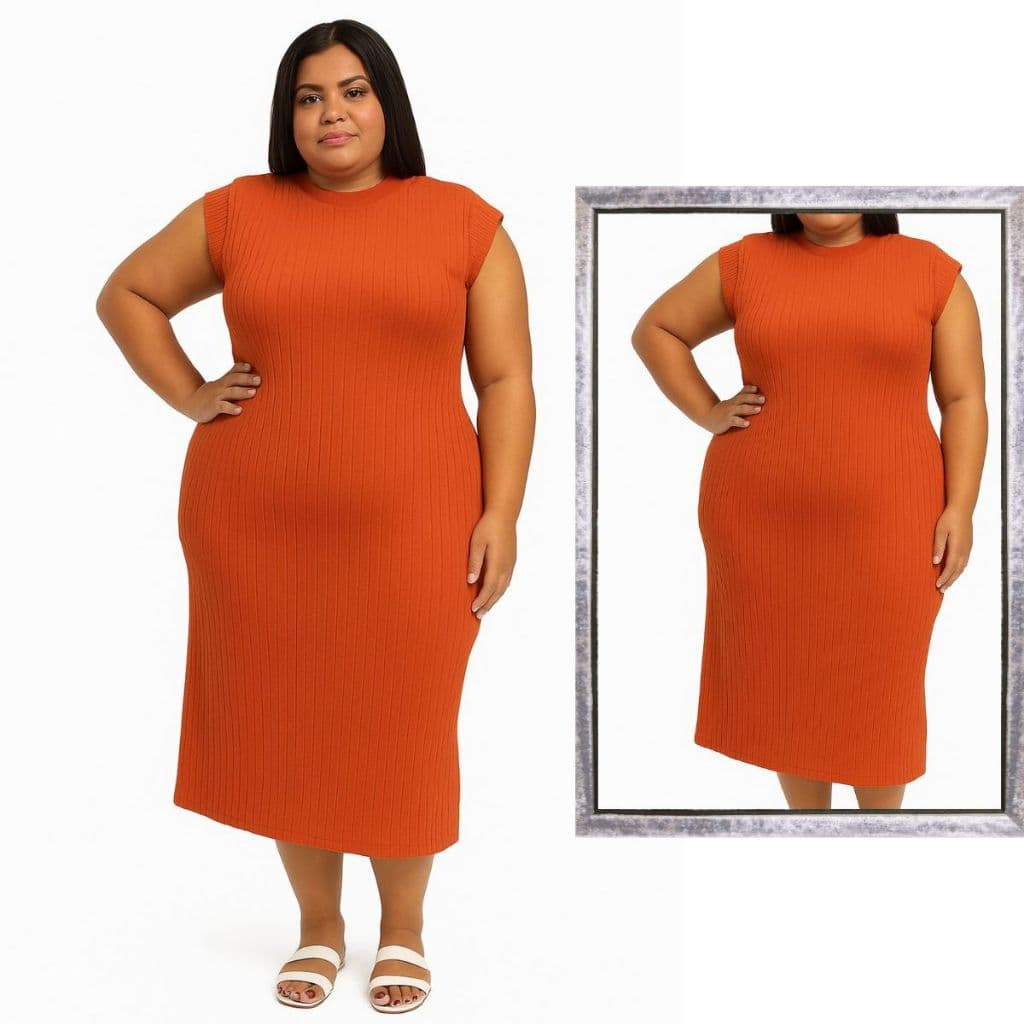 Vestido Plus Size Feminino Midi Manga Curta Básico Curve Canelado