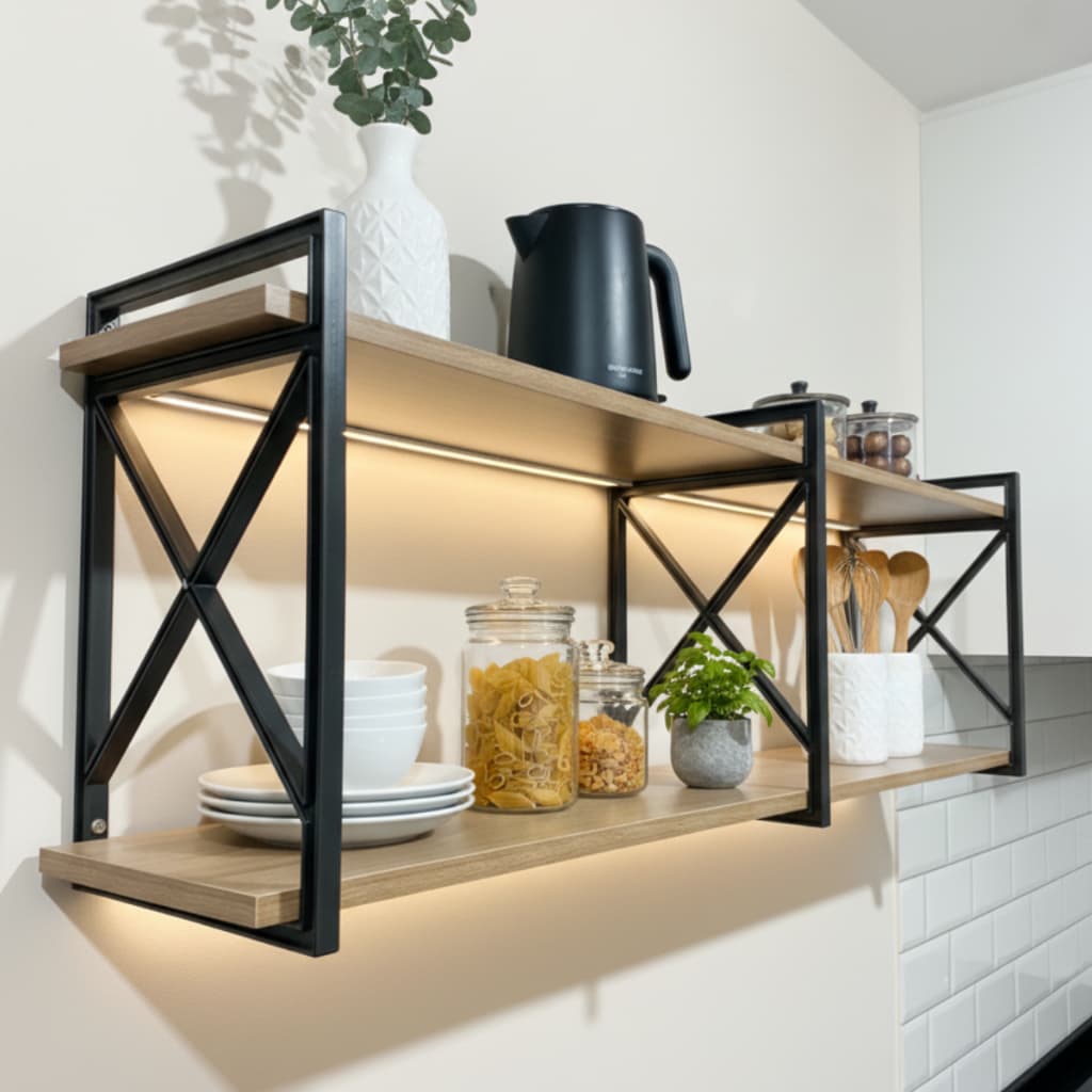 Prateleira Decorativa de Parede para Organização Estilo Industrial Madeira Carvalho e Suporte Preto