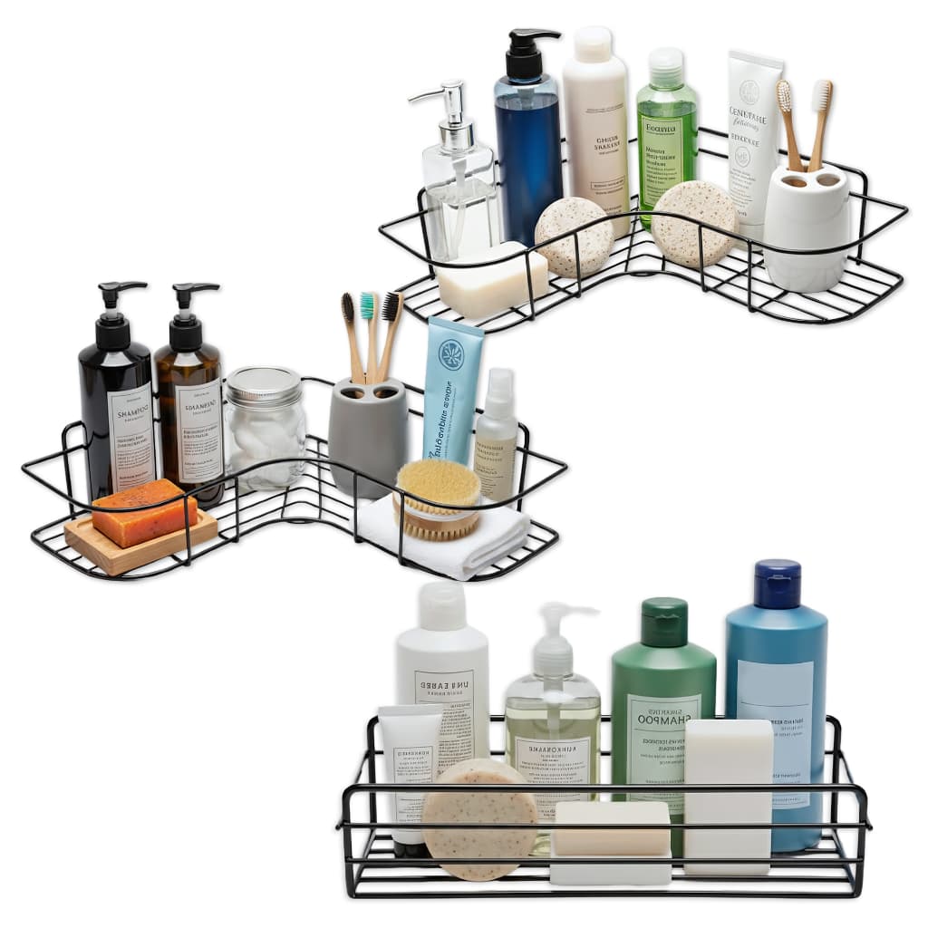 Kit 3 Suporte Organizador Para Banheiro Shampoo Prateleira Adesivo Parede Metal Uma Reta Duas Prateleiras De Canto