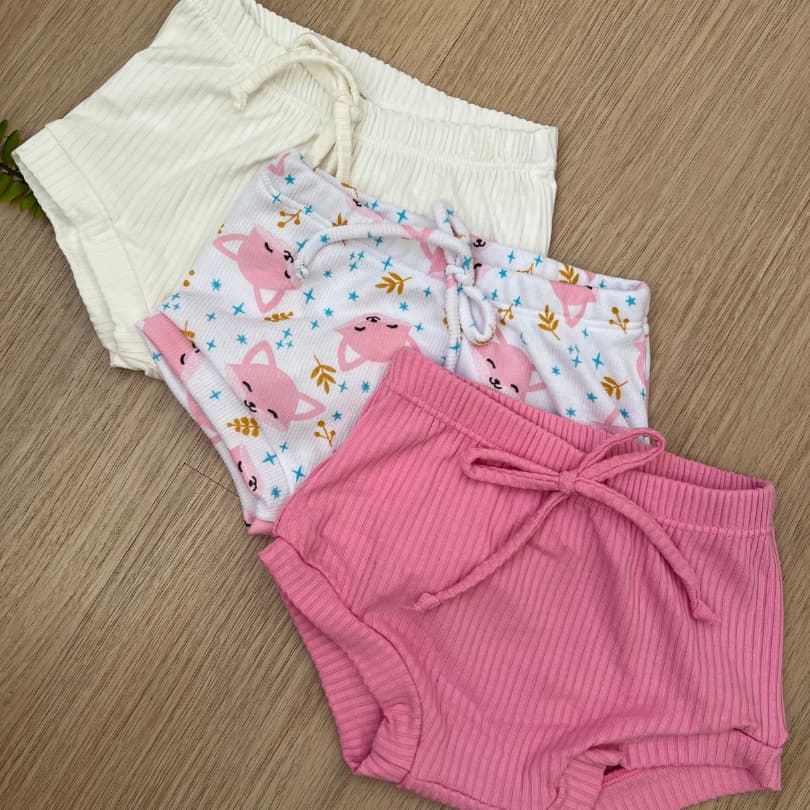 Kit 3 Tapa Fralda Infantil Liso e Estampado Short Menino e Menina em Algodão Canelado Confortável