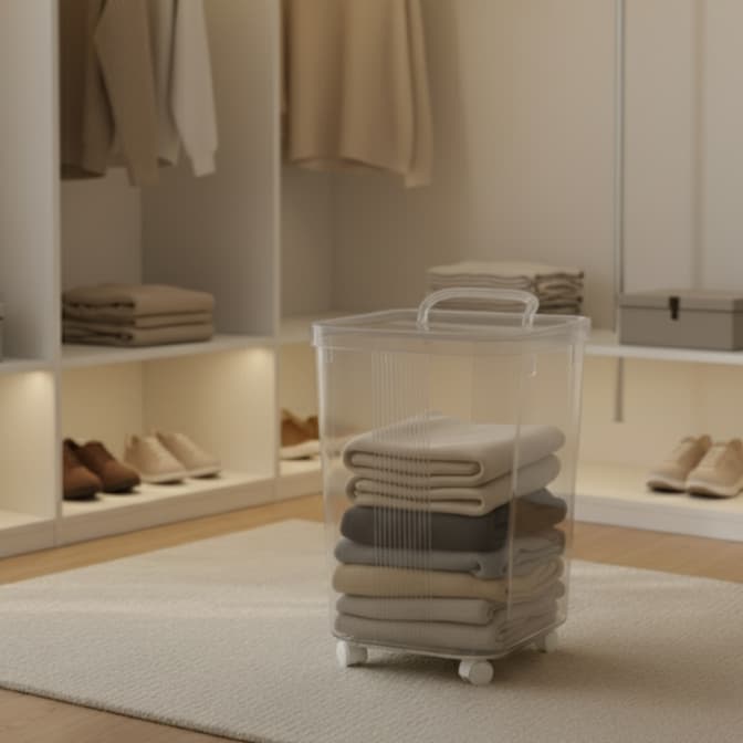 Cesto Plástico Transparente Roupa Suja Lavanderia Banheiro Organizador Vertical Alto Com Rodinha Grande Resistente Promo