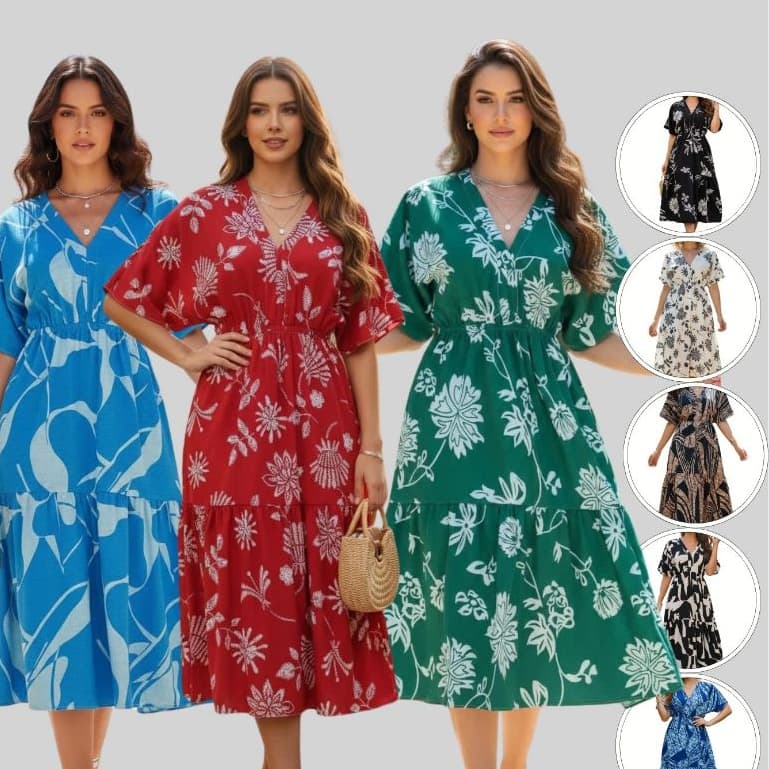 Vestido Feminino Midi Estampado Elástico/Cintura Gola V Modelo Bata Elegante  Moda 2026 Casual Verão