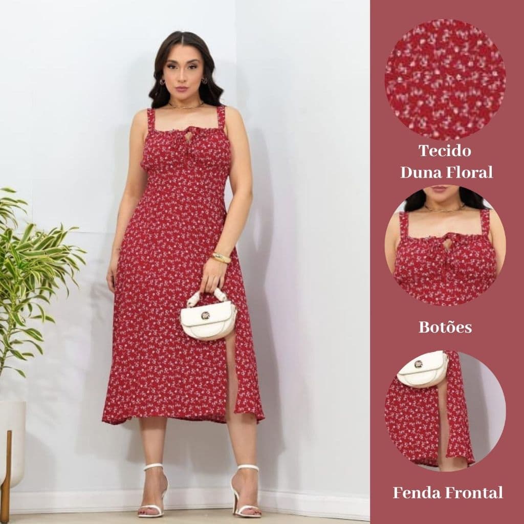 Vestido Midi Floral Fenda Frontal Laço Decote Disponivel no M e G - Feito do Tecido Duna Alça Grossa