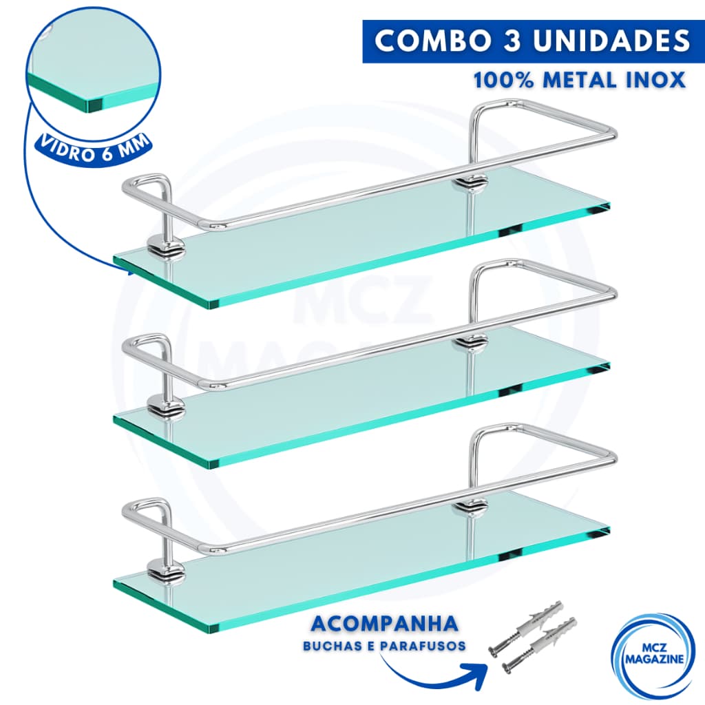 Kit 3 Prateleira Porta Shampoo Banheiro Alumínio Vidro Reto Antiferrugem Suporte Parede Organizador