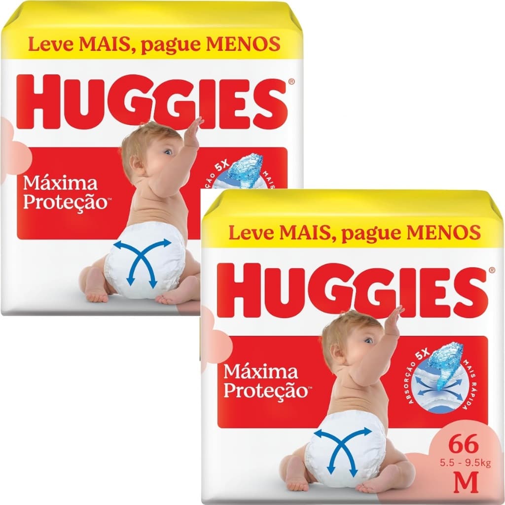 Kit 2ptes Fralda Huggies Máxima Proteção Hiper M - 66un cada - Total 132unidades