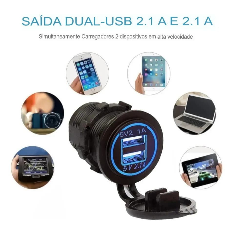 TOMADA CARREGADOR VEICULAR  Usb Plug 2 Saídas 3.1a Led Azul Azul CELULAR SMART TABLETE - CARRO MOTO MOTORHOME