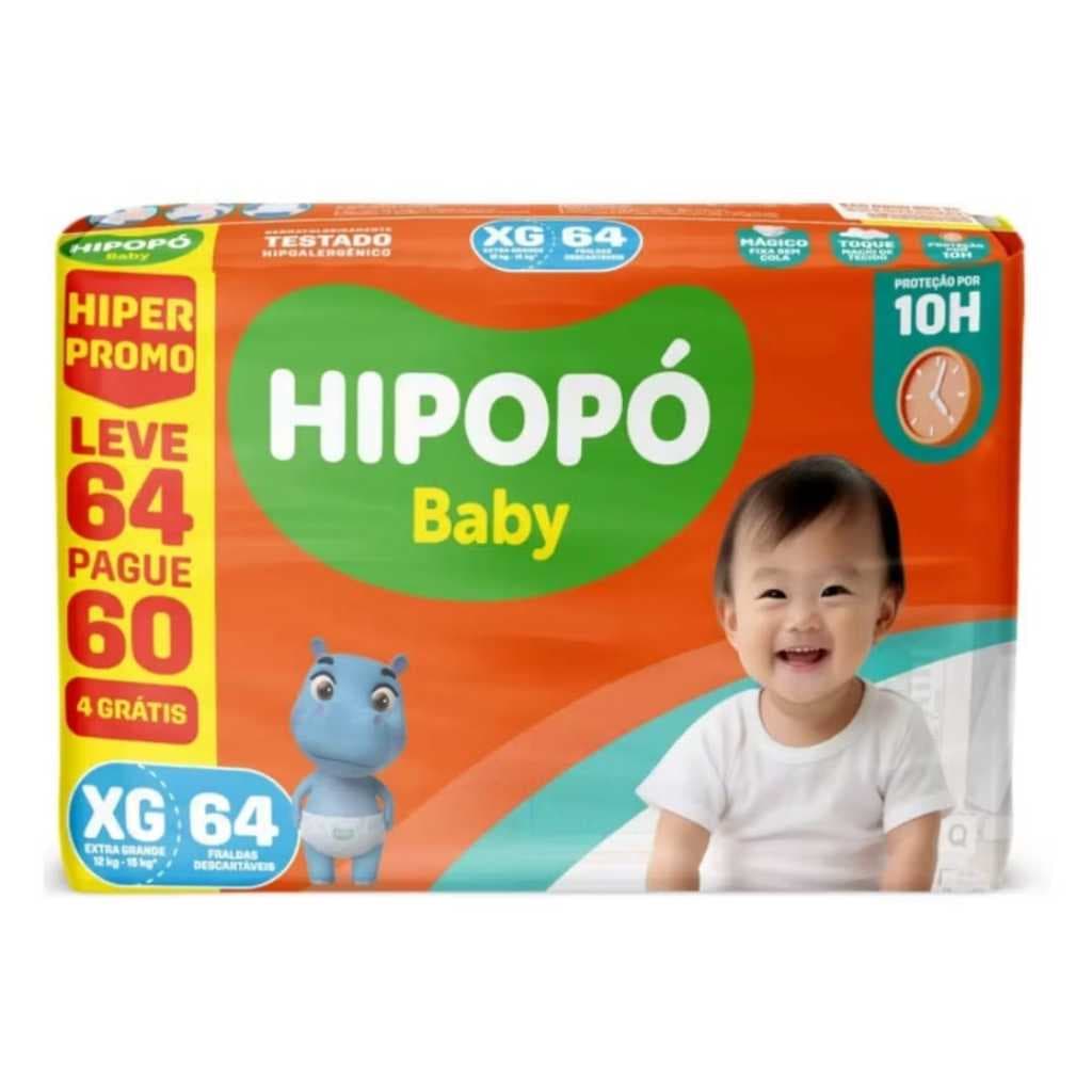 Fralda Descartável Infantil Hipopó XG 64 unidades Pacotão