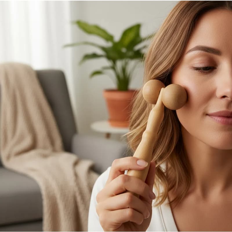 Massageador Facial Manual Com Bolinhas De Madeira Relaxante Alivia Tensão Muscular
