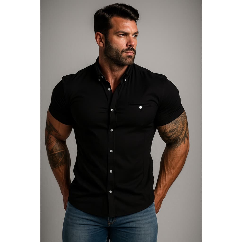 Camisa Social Masculina Slim Fit Manga Curta Premium Gola Italiana Com Botões
