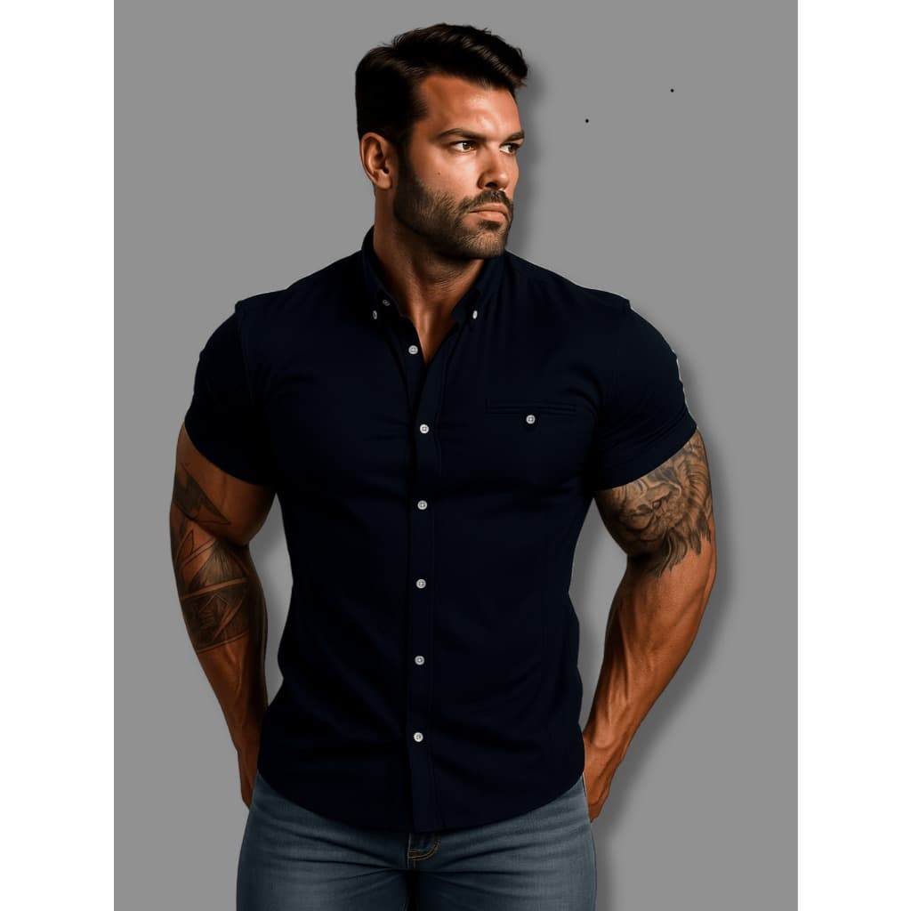 Camisa Social Masculina Manga Curta Slim Fit Com Elastano Premium Camisa Com Botões Na Gola
