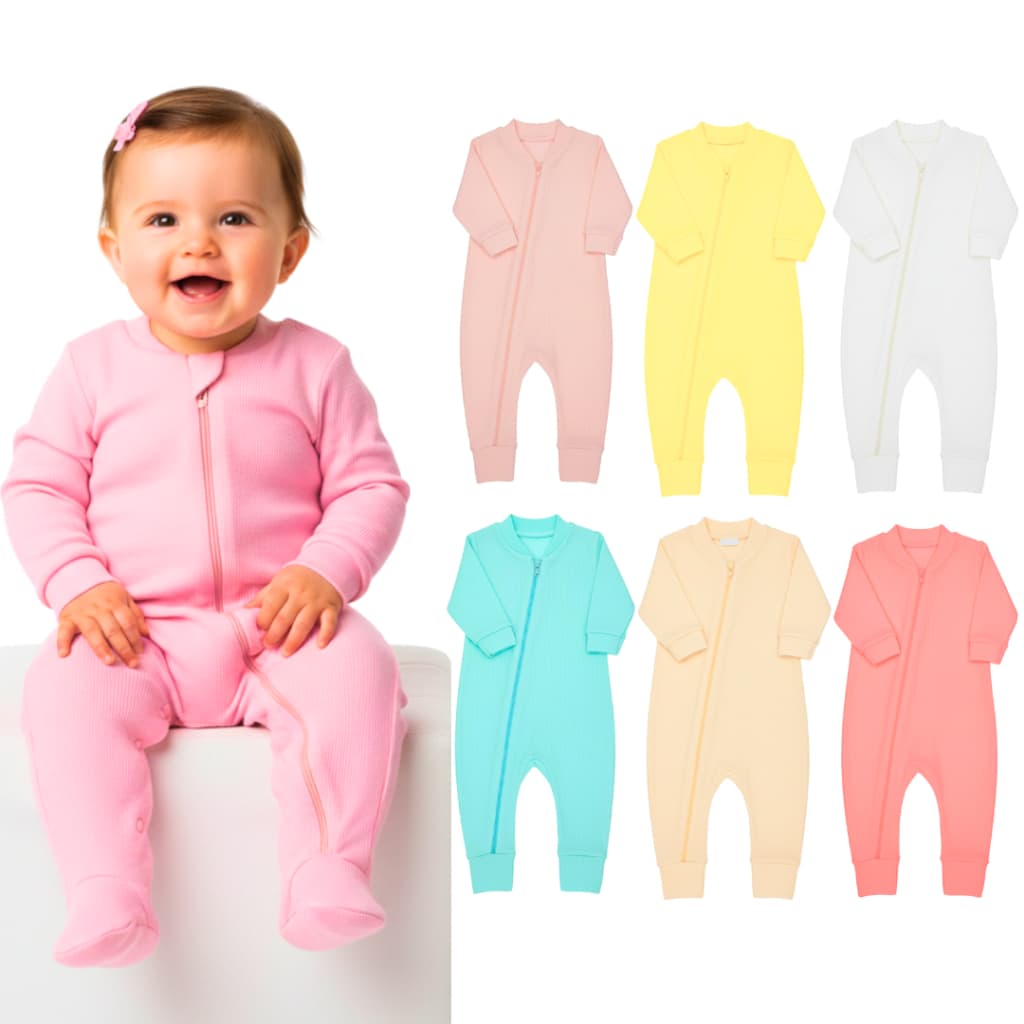 KIT 2 OU 3 MACACÃO CANELADO OU SUEDINE VIRA PÉ COM ZÍPER PARA BEBÊ MENINA ENXOVAL DE BEBÊ