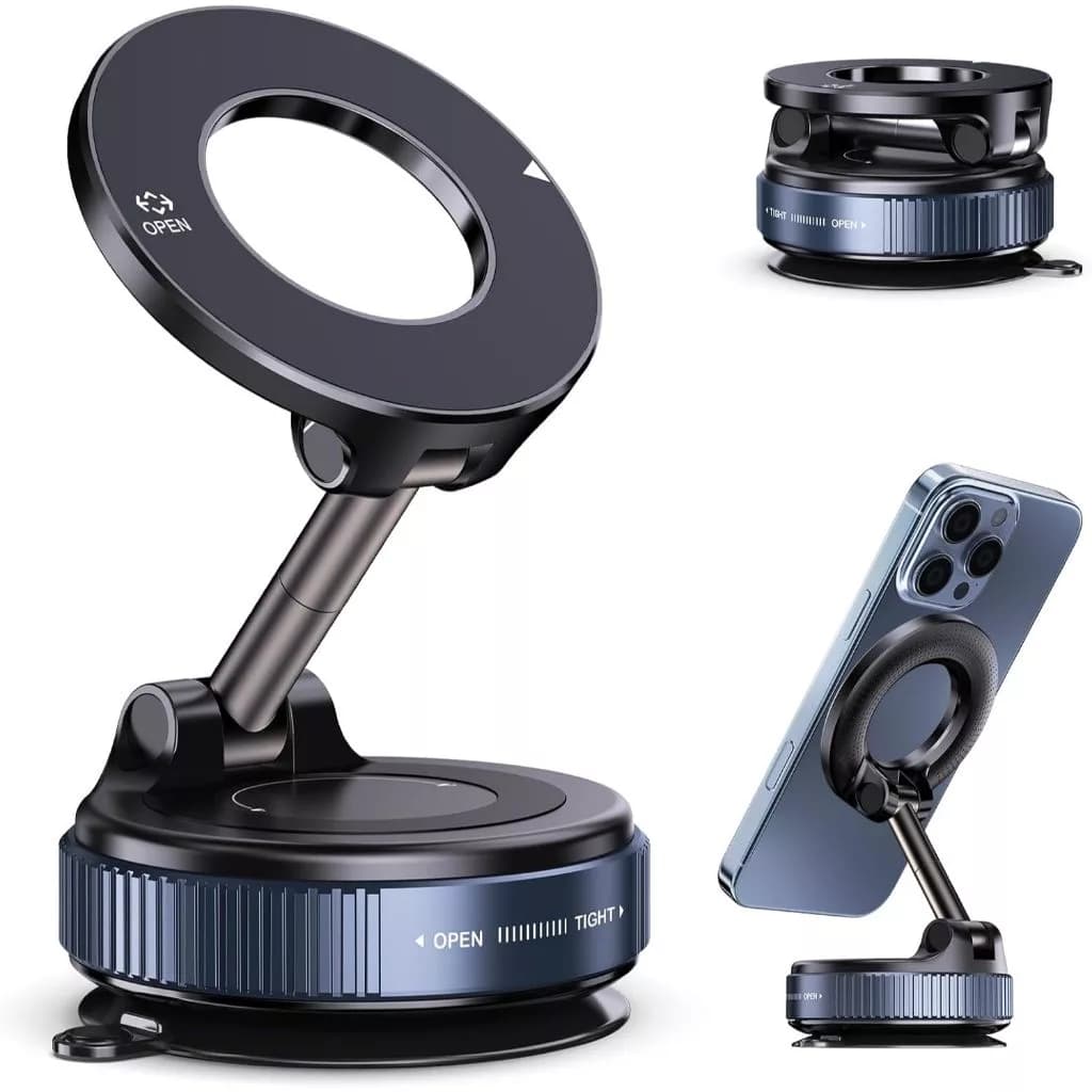 Suporte Magnético para Telefone com Sucção, Rotação de 360 Graus, Montagem para Carro Resistente e Base Ajustável