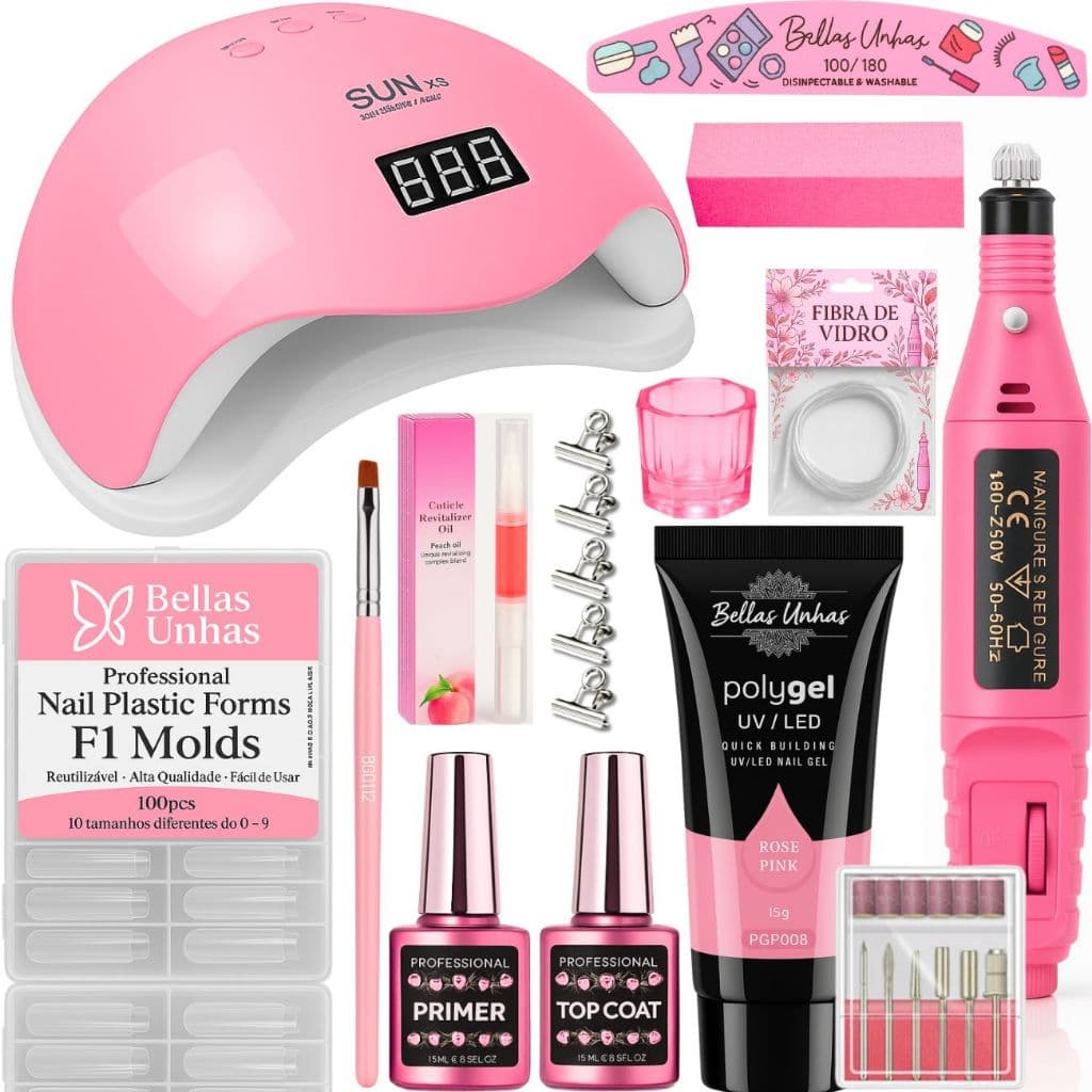 Kit Polygel Poligel Alongamento Unhas Manicure Completo + Cabine Sun + Motorzinho Unhas Profissional