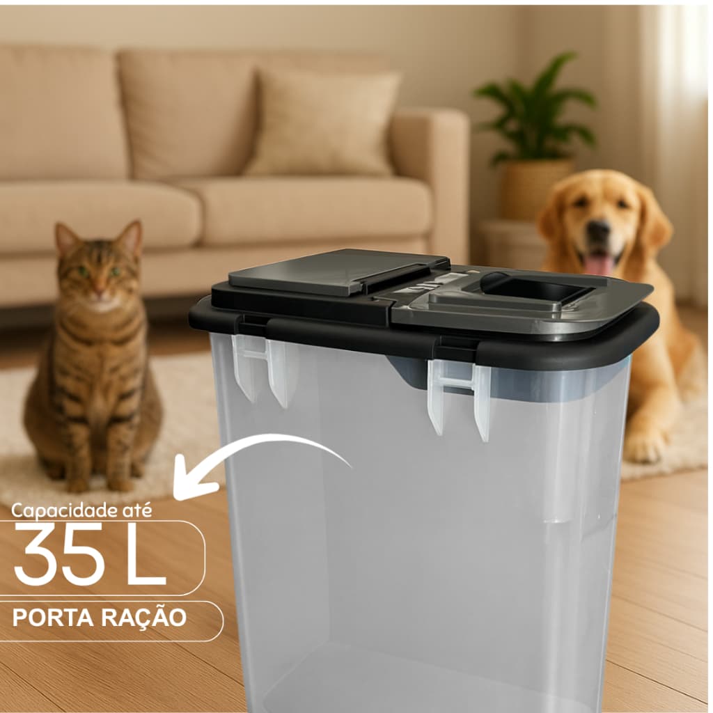 Container Porta Ração Transparente 15KG Dispenser Grande Pet - 35 Litros para gato e cachorro
