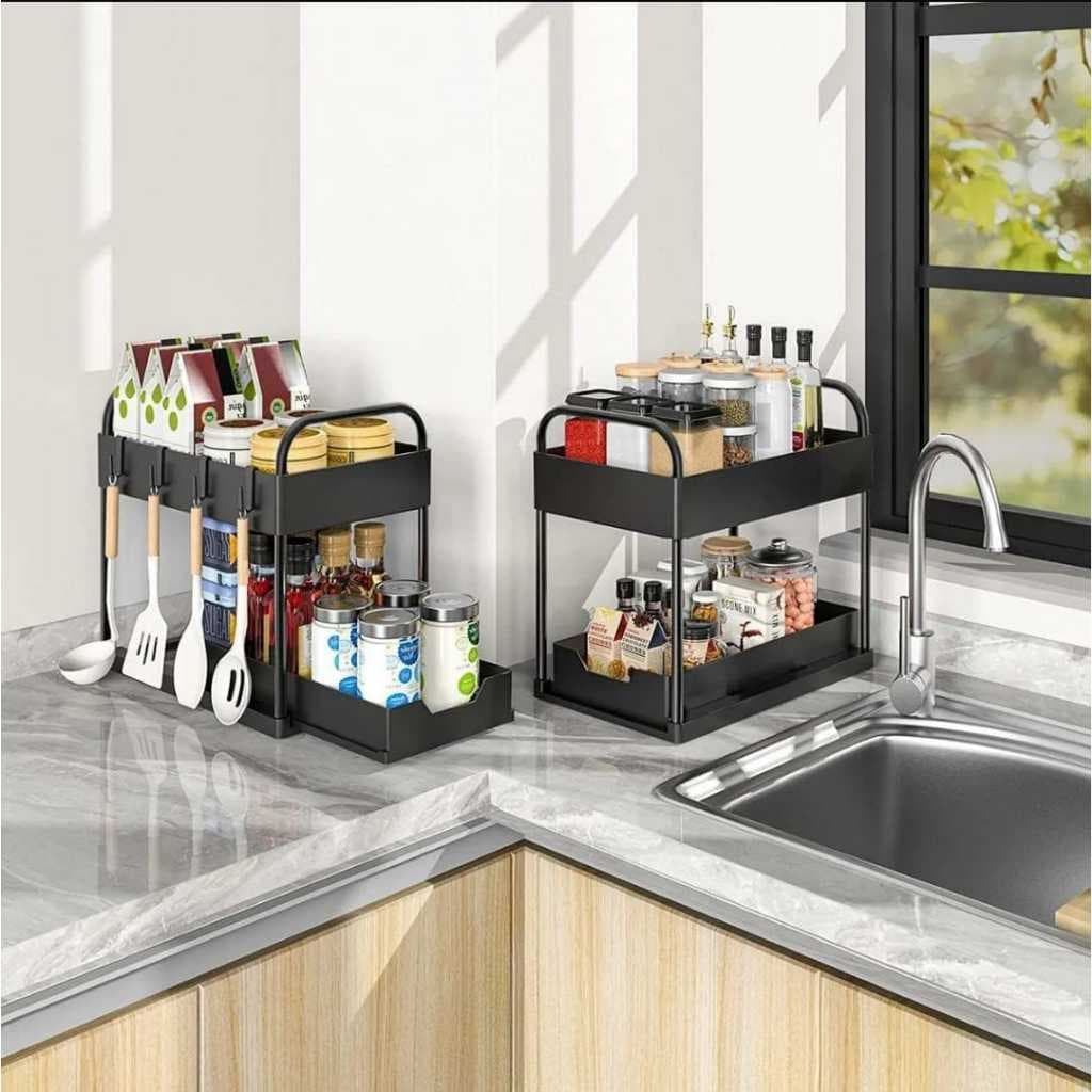 Organizador Multiuso Compacto 2 Andares Bandeja Deslizante Moderno Preto organizador cozinha armario